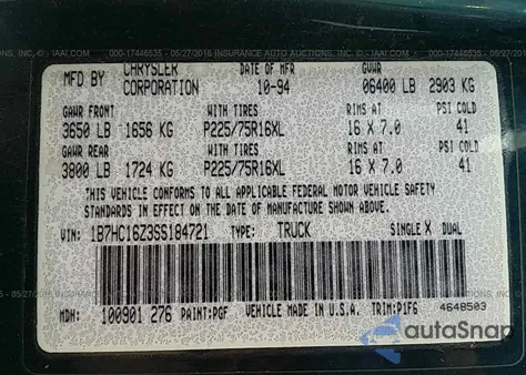 1995 Dodge Ram 1500 z USA, uszkodzony, nr VIN 1B7HC16Z3SS184721